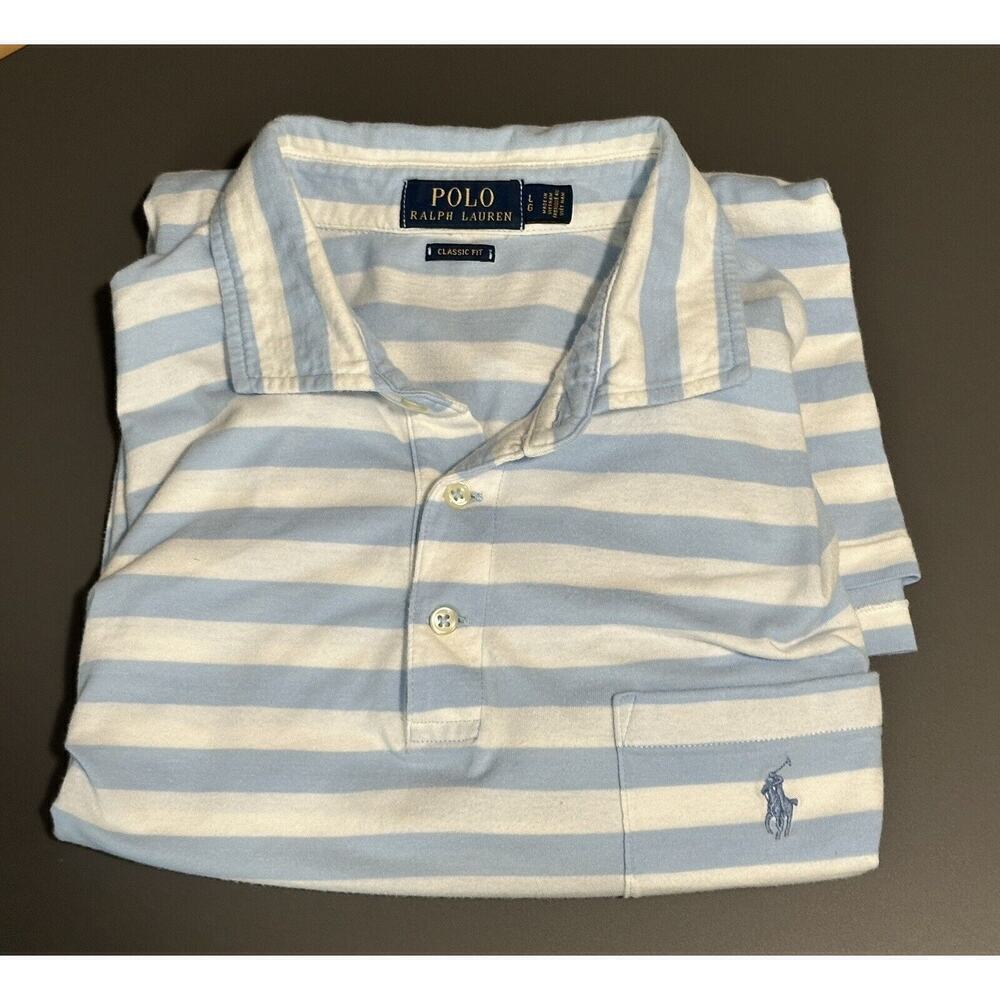 Polo Ralph Lauren Men’s Short Sleeve Polo Shirt Large Pocket Horse Blue White